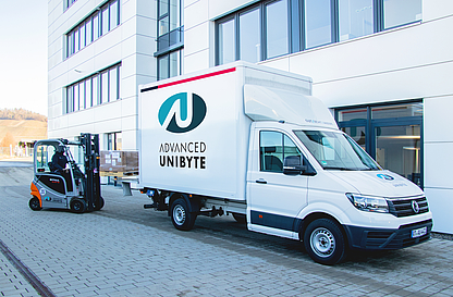 Palette mit Ware wird mit Gabelstapler in Advanced UniByte LKW eingeladen